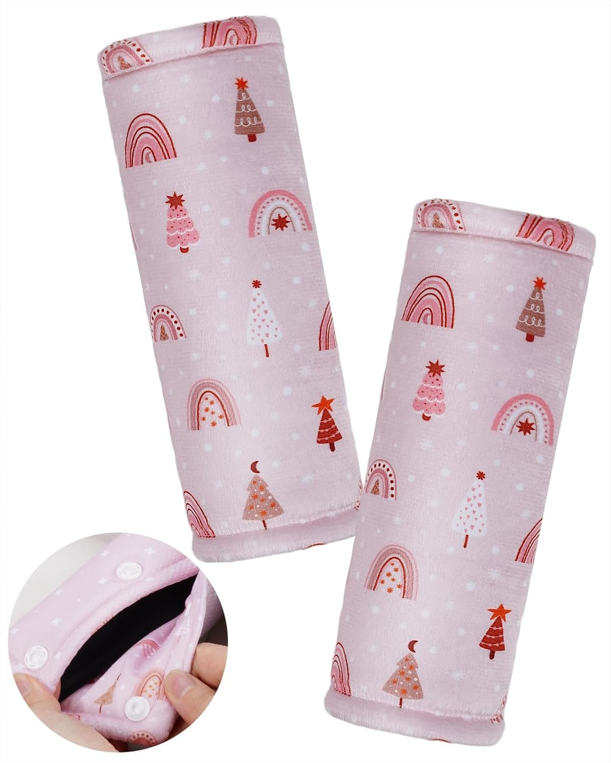 2 Pack Car Seat Belt Covers for Baby Kids, Soft Reversible Car Seat Shoulder Strap Pads, Seatbelt Cushion, Neck Strap Covers for Stroller, Carrier, Pushchair (Pink Rainbow) - Image 2