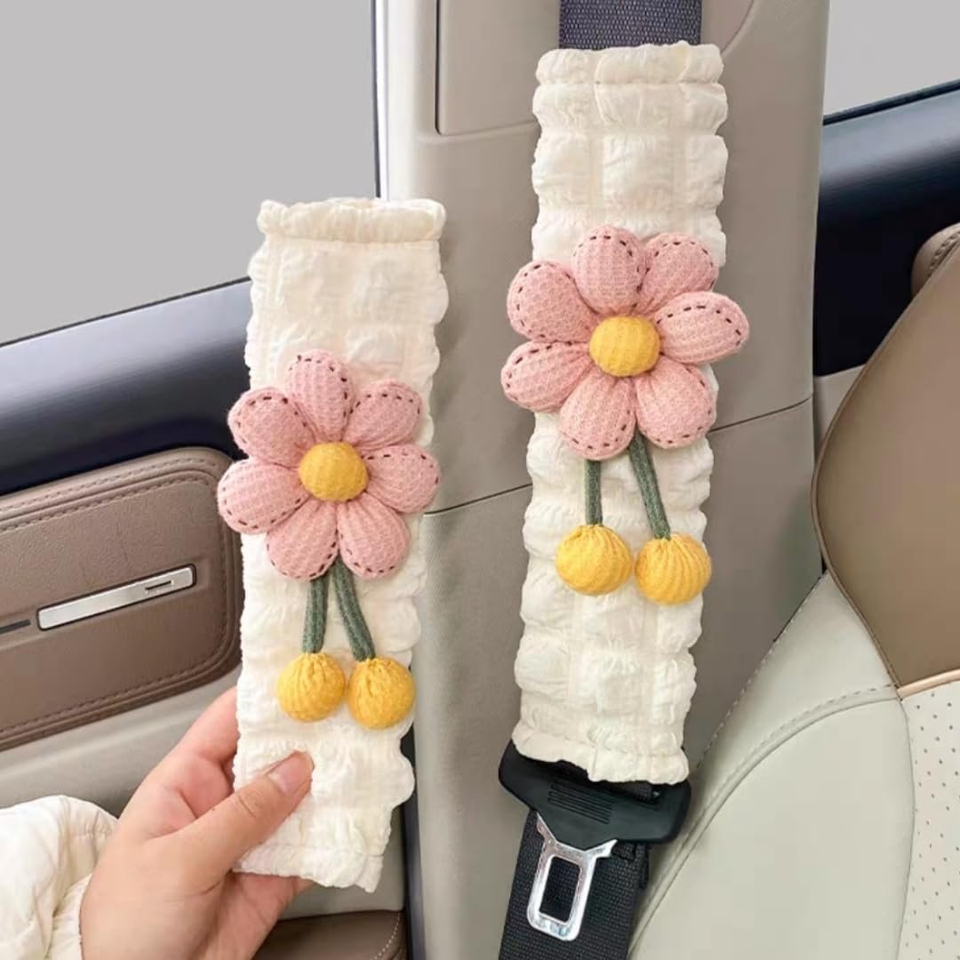 Cute Flower Seat Belt Cover Pads, 2 Pcs & 4 Pcs Seatbelt Covers for Women Adults, Car Seat Strap Pads, Seatbelt Cushion (Pink,2)