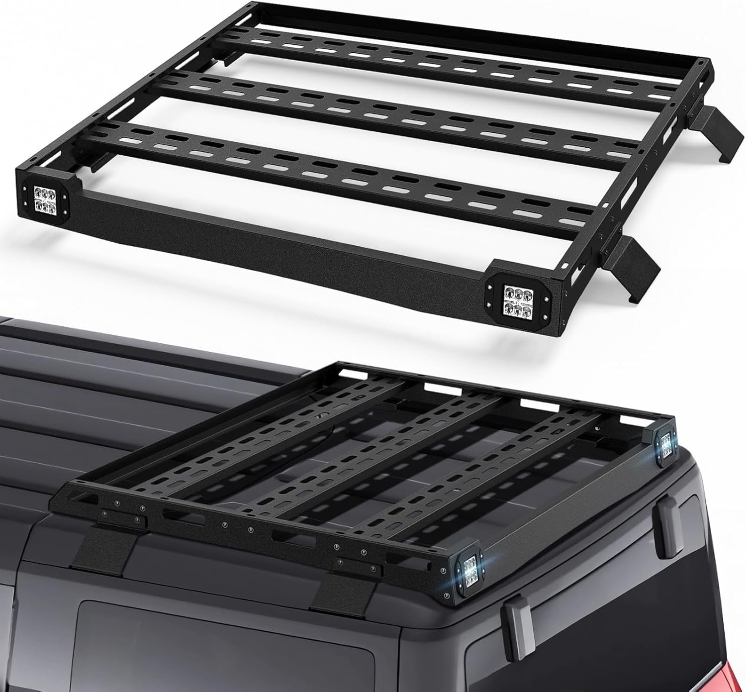 Roof Rack Rear Cargo Basket With 2 Pcs Led Light Bar Compatible for 2021 2022 2023 2024 Ford Hardtop 4-Door, Half Short Luggage Rack Rooftop Storage Carrier