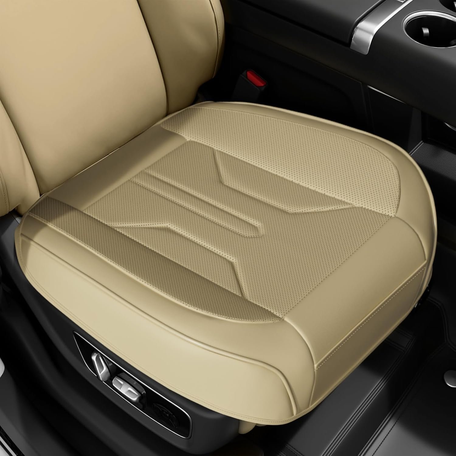 2 Pack Leather Front Car Seat Covers, Bottom Seat Covers for Cars, Driver Car Seat Protectors with Storage Pocket, Full Wrap Waterproof Auto Seat Cushion Pad Mat for Most Vehicles, Beige