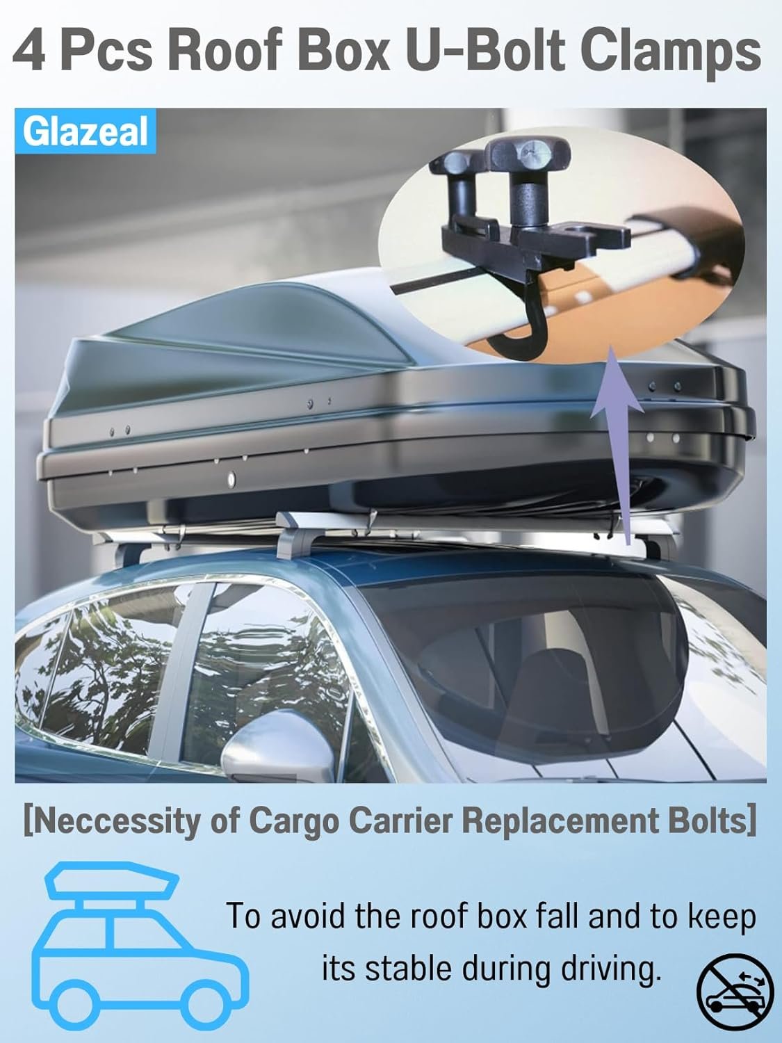 4Pack Roof Box U-Bolt Clamps with 8 Lock Nuts, Roof Box U-Bolt Clamps Car Van Mounting Fitting Kit with 8 Lock Nuts 2 Straps for Cargo Carrier Rack - Image 2