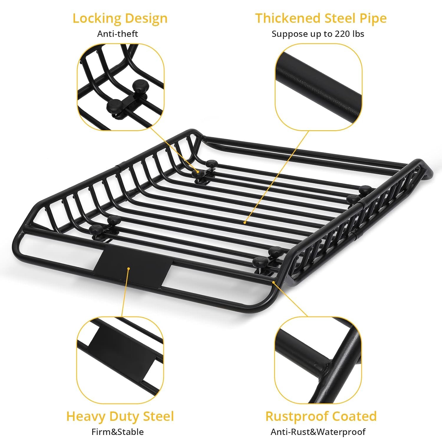 50x38 Inch Car Roof Rack Basket 220LBS Heavy Duty Steel Cargo Basket Universal Rooftop Cargo Carrier for SUV, Pick Up,Trucks,Car - Image 2