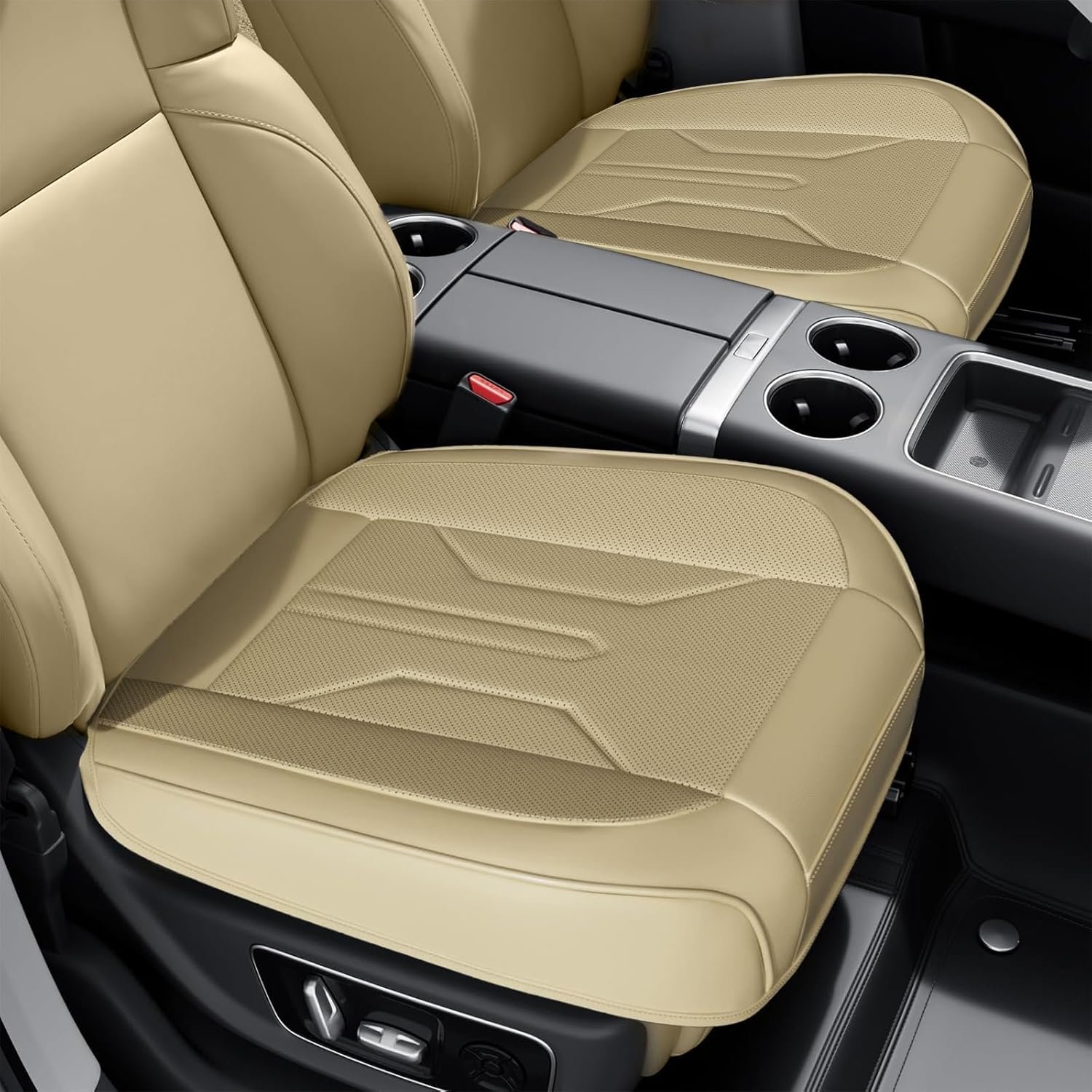 2 Pack Leather Front Car Seat Covers, Bottom Seat Covers for Cars, Driver Car Seat Protectors with Storage Pocket, Full Wrap Waterproof Auto Seat Cushion Pad Mat for Most Vehicles, Beige - Image 2