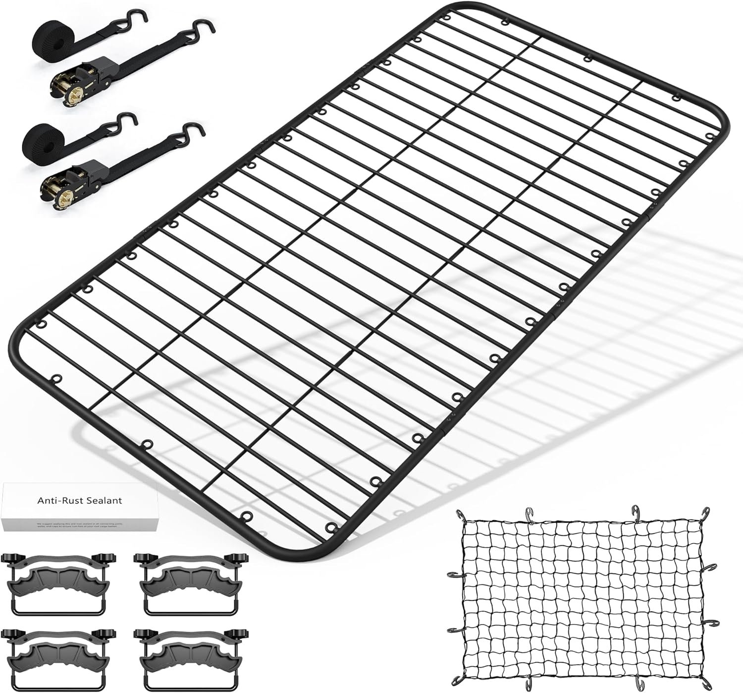 Car Roof Platform, Universal Roof Flat Rack 90" x 47" x 1.3" Heavy Duty Roof Rack Platform with Super Duty Bungee Cargo Net, Ratchet Straps and Anti-Rust Sealant Fits for SUV Truck Cars