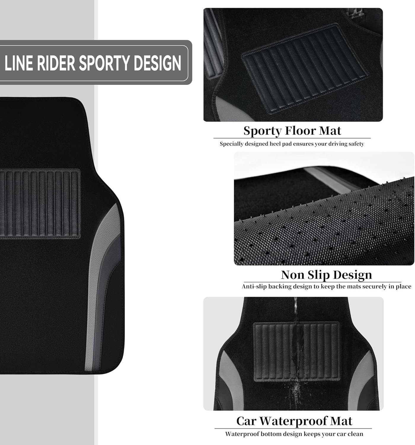 Leather Waterproof Sporty Car Floor Mats Carpet,Universal Automotive Floor Mat Fit for Sedans, Cars, Mid Trucks, Vans, , Set of 4 (Black and Gray) - Image 2
