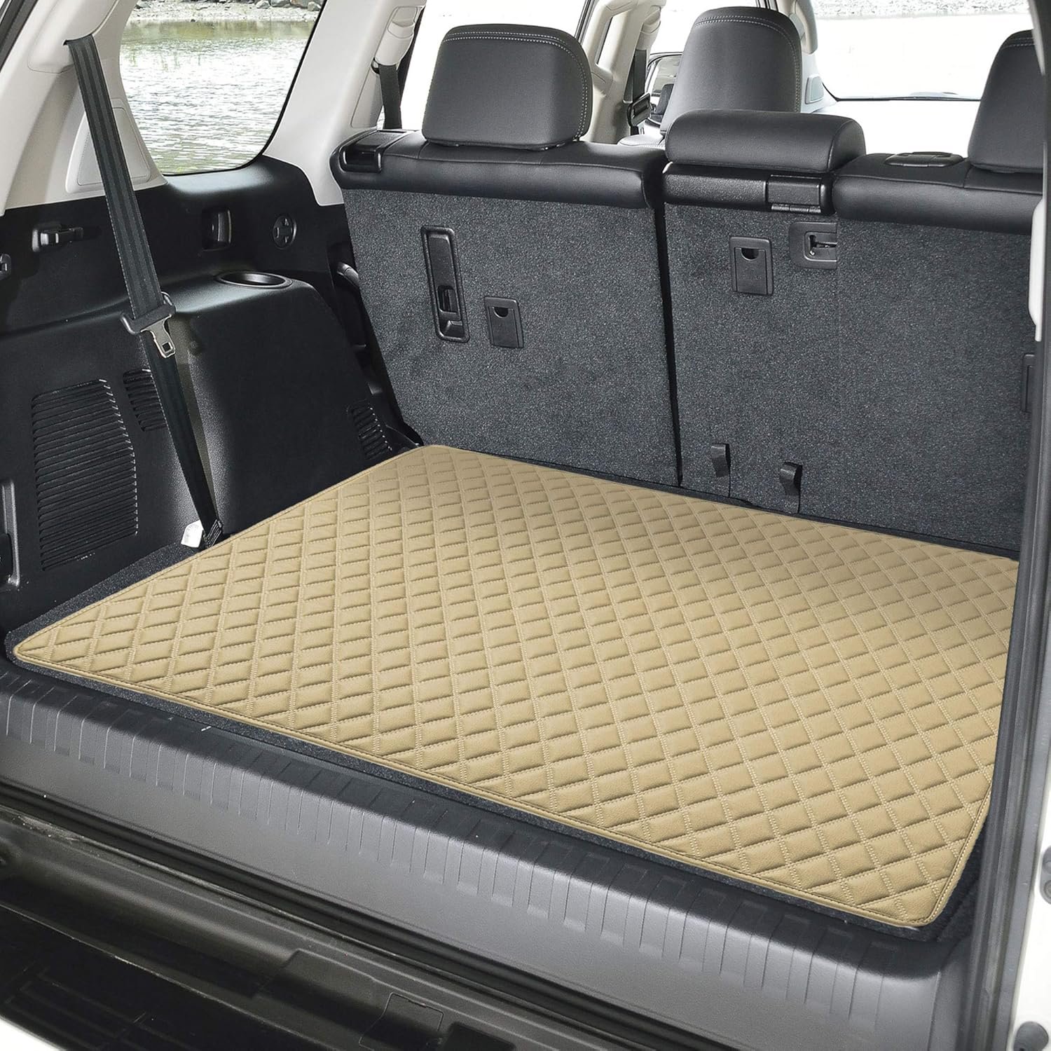 Deluxe Heavy Duty Faux Leather Diamond Pattern Multi-Purpose Beige Automotive Cargo Liner fits most Cars, SUVs, and Trucks, 32 inches